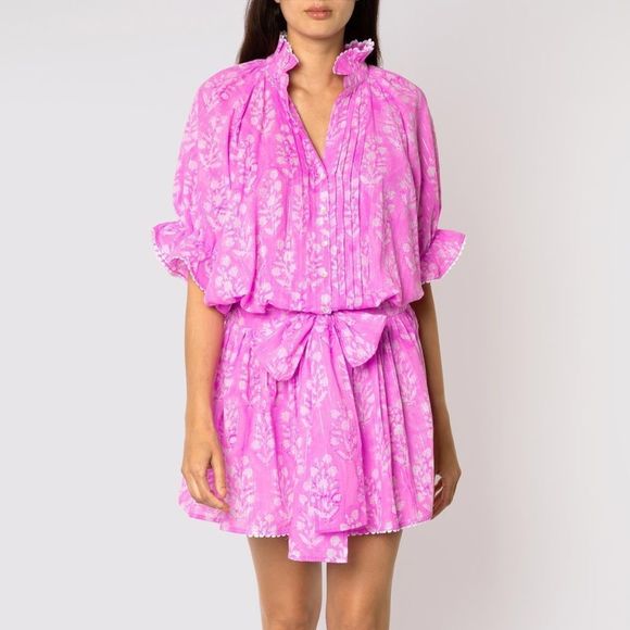 Juliet Dunn Orchid Small Flower Block Print Blouson Dress - Picture 1 of 9